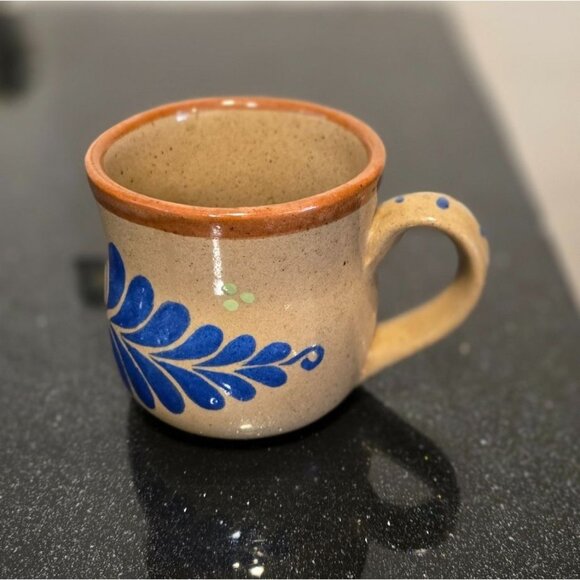 VTG El Palomar Mexico stoneware Mexican Pottery mug Blue orange Mexican floral - Picture 3 of 9